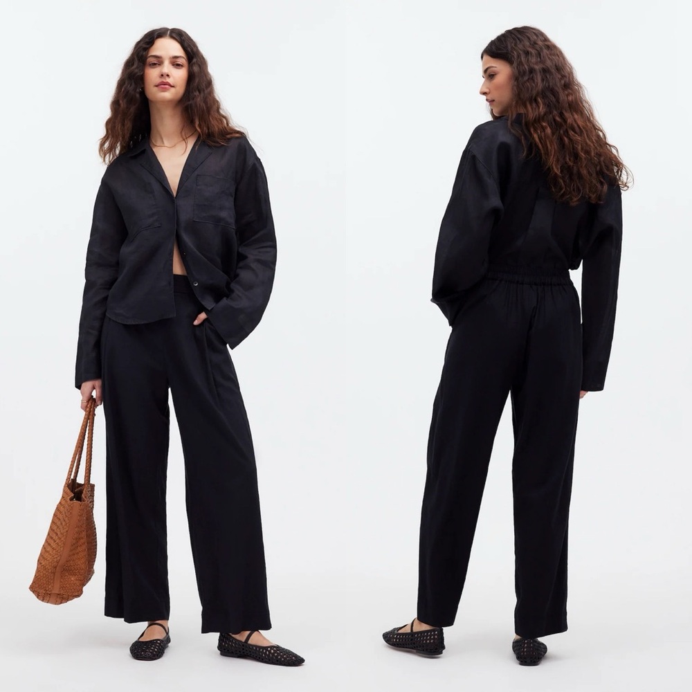 Madewell Petite Pull-On Straight Crop Pants in Linen Blend Black 10 P NP860 Boho - Picture 2 of 14